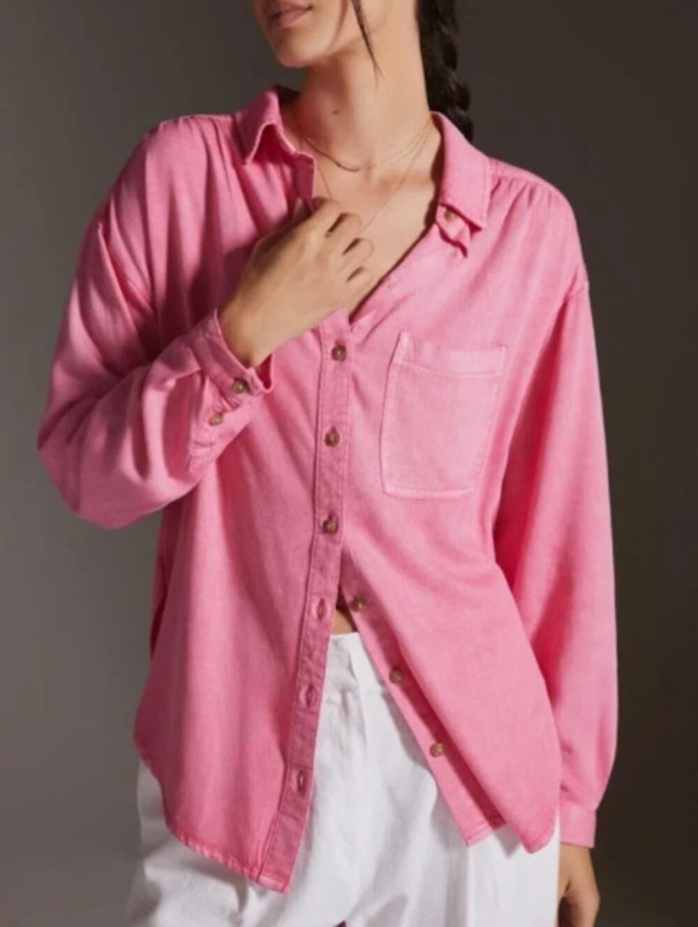 Anthropologie Pilcro Boyfriend Button Down Shirt Viscose Pocket Pink Size Small